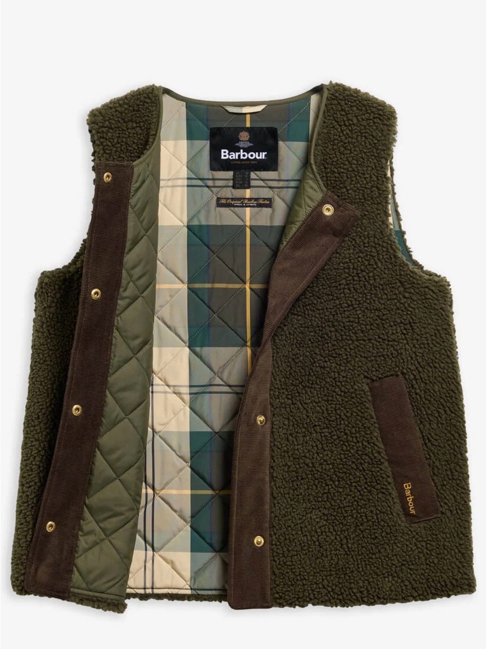 BARBOUR Dulsie Teddy Fleece Quilted Vest Olive Women’s Size 10